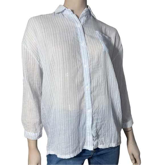 NU New York Women’s One Size Blue White Striped Cotton Viscose Button Up Shirt - Picture 1 of 9